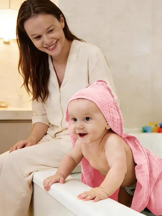 Alt view image 4 of 7 - Muslin Hooded Baby Bath Towels - 3 Pack 100% Cotton Ultra-Soft Towels for Newborns, Infants, Toddlers - 32x32 Inch - Highly Absorbent, Quick-Dry Essentials for Bath Time, Beach, Pool, Pink Series