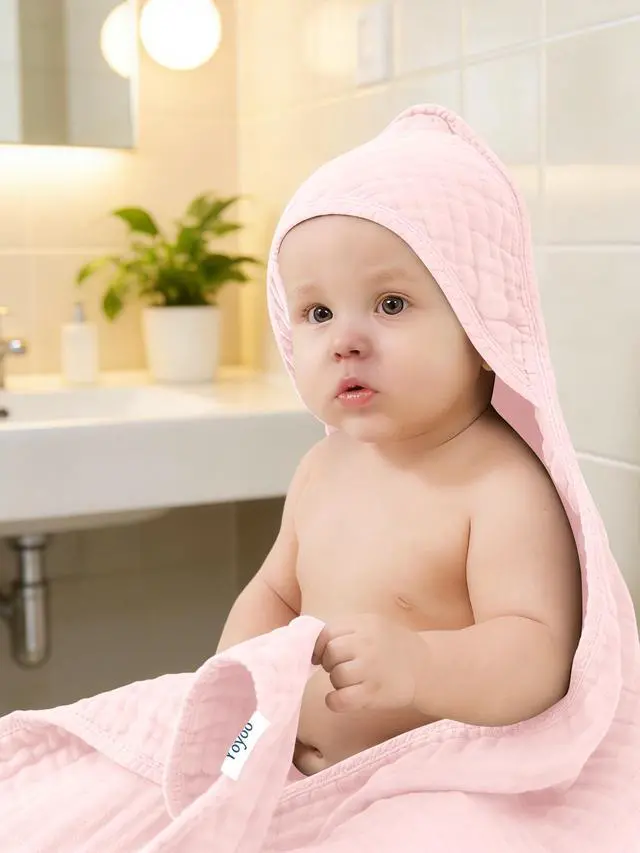 Alt view image 5 of 7 - Muslin Hooded Baby Bath Towels - 3 Pack 100% Cotton Ultra-Soft Towels for Newborns, Infants, Toddlers - 32x32 Inch - Highly Absorbent, Quick-Dry Essentials for Bath Time, Beach, Pool, Pink Series
