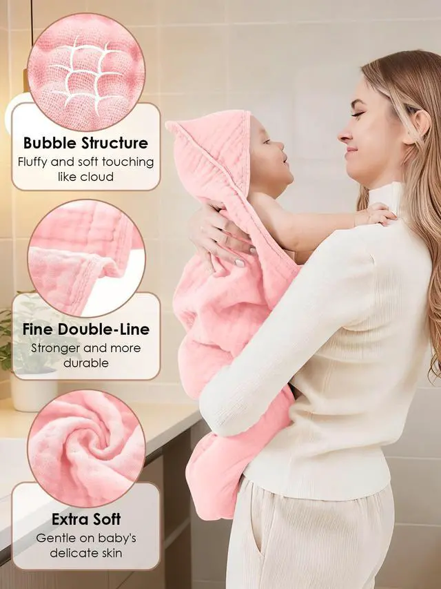 Alt view image 7 of 7 - Muslin Hooded Baby Bath Towels - 3 Pack 100% Cotton Ultra-Soft Towels for Newborns, Infants, Toddlers - 32x32 Inch - Highly Absorbent, Quick-Dry Essentials for Bath Time, Beach, Pool, Pink Series