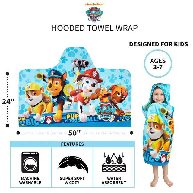 Alt view image 5 of 6 - Paw Patrol Blue Bath/Pool/Beach Soft Cotton Terry Hooded Towel Wrap, 24" x 50", By Franco Kids