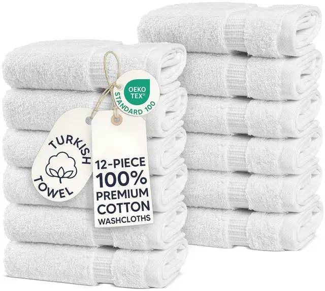 Main image of Hotel & Spa Quality 100% Cotton Premium Turkish Towels | Soft & Absorbent (12-Piece Washcloths, White) Premium Cotton Turkish Washcloths, 12-Pack 13x13, Oeko-Tex Certified, Soft Absorbent Face Towels