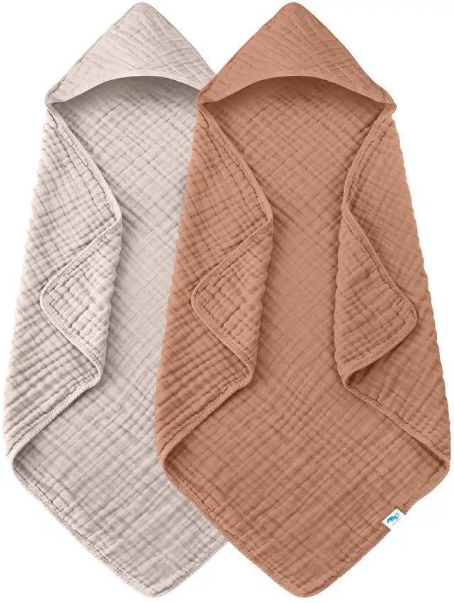 Main image of Muslin Hooded Baby Bath Towels - 2 Pack 100% Cotton Towel for Babies, Infants, Toddlers - 32x32Inch - Highly Absorbent and Newborn Essential, Light Bean Paste