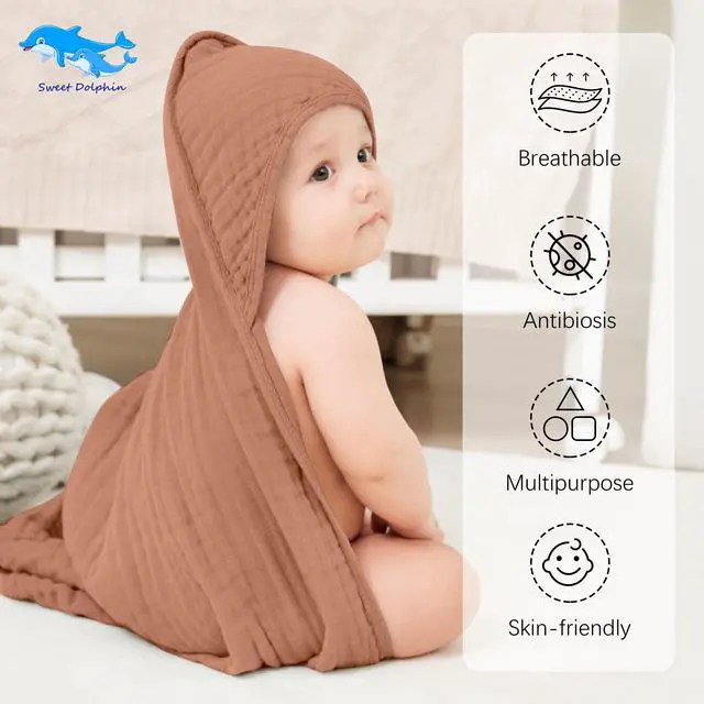 Alt view image 2 of 7 - Muslin Hooded Baby Bath Towels - 2 Pack 100% Cotton Towel for Babies, Infants, Toddlers - 32x32Inch - Highly Absorbent and Newborn Essential, Light Bean Paste