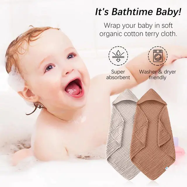 Alt view image 3 of 7 - Muslin Hooded Baby Bath Towels - 2 Pack 100% Cotton Towel for Babies, Infants, Toddlers - 32x32Inch - Highly Absorbent and Newborn Essential, Light Bean Paste