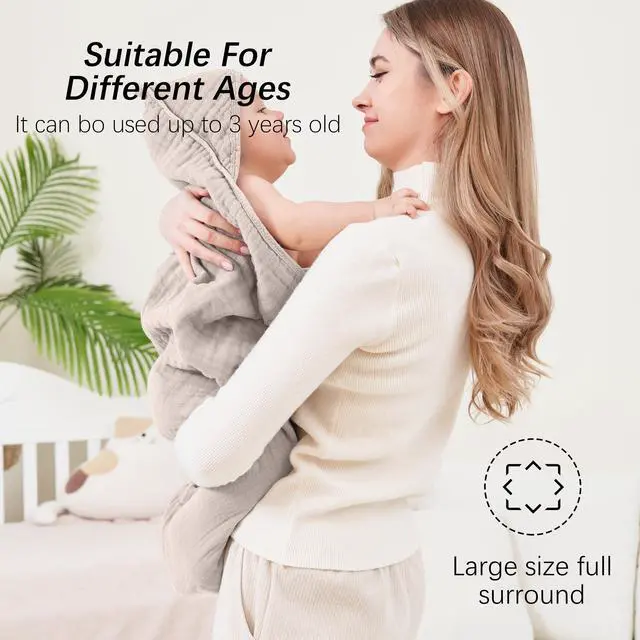 Alt view image 4 of 7 - Muslin Hooded Baby Bath Towels - 2 Pack 100% Cotton Towel for Babies, Infants, Toddlers - 32x32Inch - Highly Absorbent and Newborn Essential, Light Bean Paste
