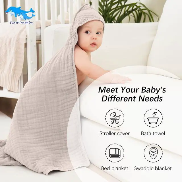 Alt view image 5 of 7 - Muslin Hooded Baby Bath Towels - 2 Pack 100% Cotton Towel for Babies, Infants, Toddlers - 32x32Inch - Highly Absorbent and Newborn Essential, Light Bean Paste