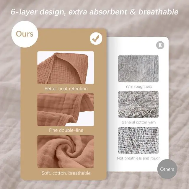 Alt view image 7 of 7 - Muslin Hooded Baby Bath Towels - 2 Pack 100% Cotton Towel for Babies, Infants, Toddlers - 32x32Inch - Highly Absorbent and Newborn Essential, Light Bean Paste