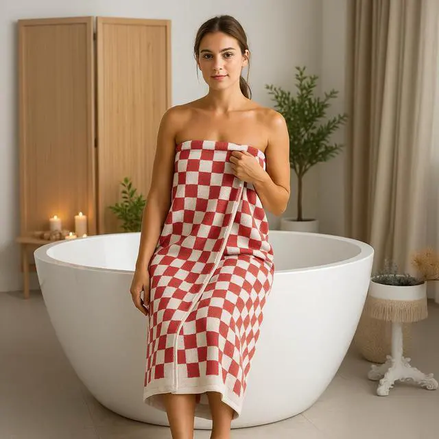 Alt view image 5 of 7 - Green and Red Checkered Bath Towels of 2, 100% Cotton | Green Checkered Bathroom Decoration Towel, Highly Absorbent, Super Sorf, Lint Free, for Dorm Travel Guest
