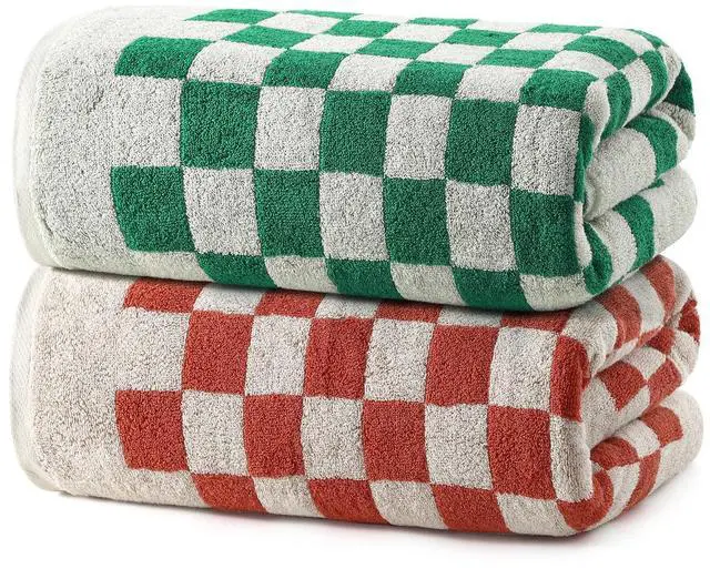 Main image of Green and Red Checkered Bath Towels of 2, 100% Cotton | Green Checkered Bathroom Decoration Towel, Highly Absorbent, Super Sorf, Lint Free, for Dorm Travel Guest