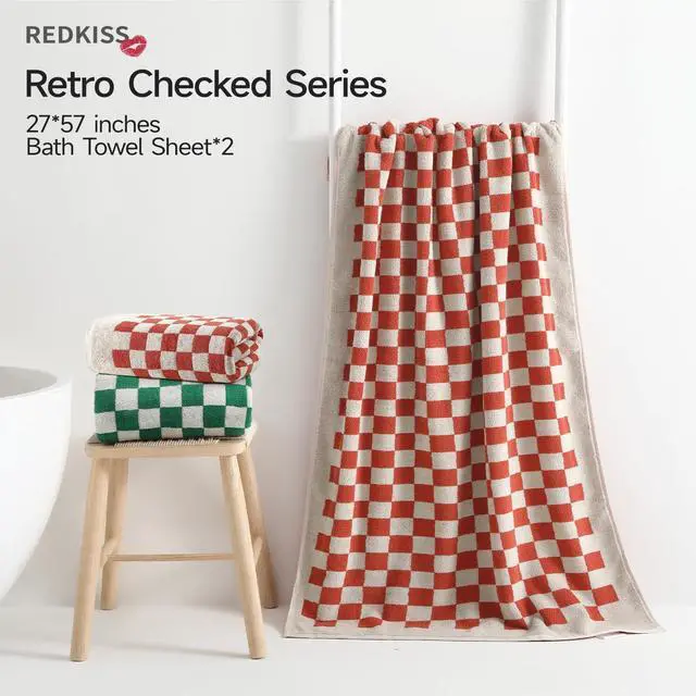 Alt view image 2 of 7 - Green and Red Checkered Bath Towels of 2, 100% Cotton | Green Checkered Bathroom Decoration Towel, Highly Absorbent, Super Sorf, Lint Free, for Dorm Travel Guest