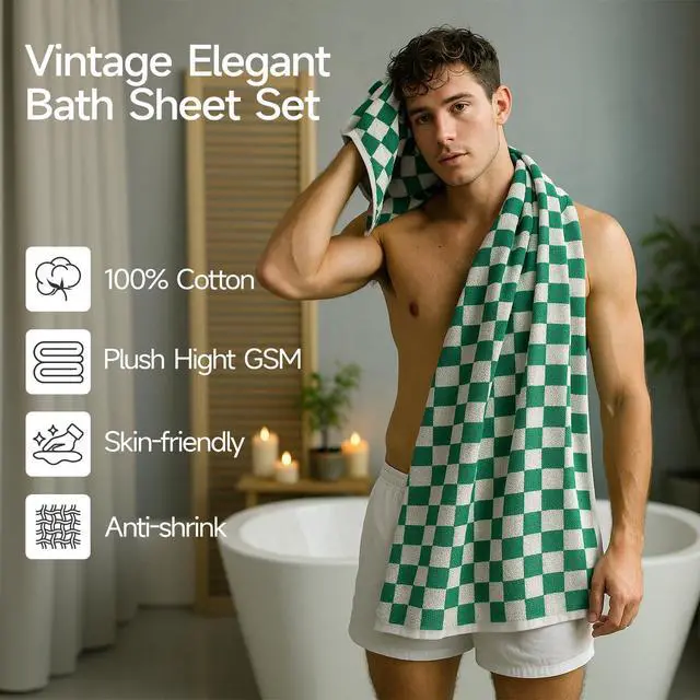 Alt view image 7 of 7 - Green and Red Checkered Bath Towels of 2, 100% Cotton | Green Checkered Bathroom Decoration Towel, Highly Absorbent, Super Sorf, Lint Free, for Dorm Travel Guest