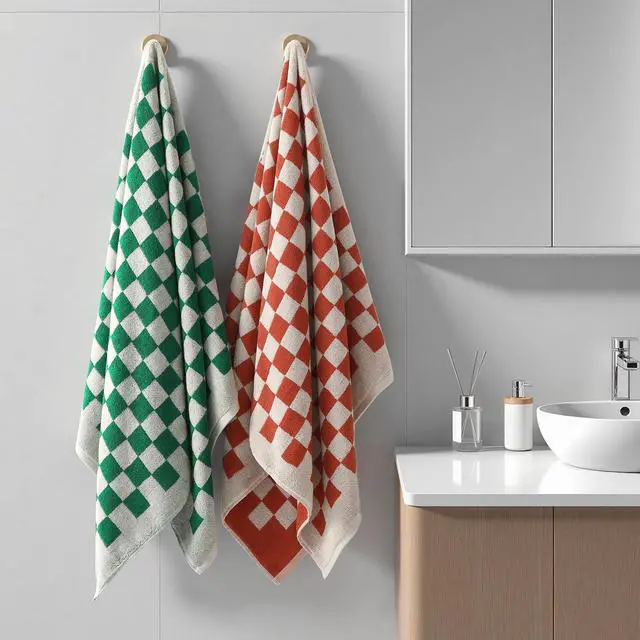 Alt view image 6 of 7 - Green and Red Checkered Bath Towels of 2, 100% Cotton | Green Checkered Bathroom Decoration Towel, Highly Absorbent, Super Sorf, Lint Free, for Dorm Travel Guest