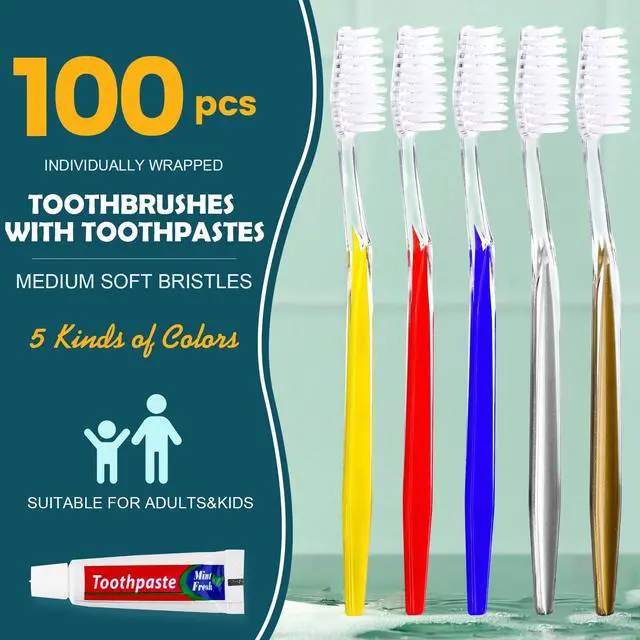 Alt view image 2 of 7 - 100 PCS Disposable Toothbrush with Toothpaste Bulk, Travel Toothbrush Set | Travel Toothbrushes with Toothpaste, Medium Soft Bristle, Ergonomics Handle, Perfect for Travel Hotel Donation
