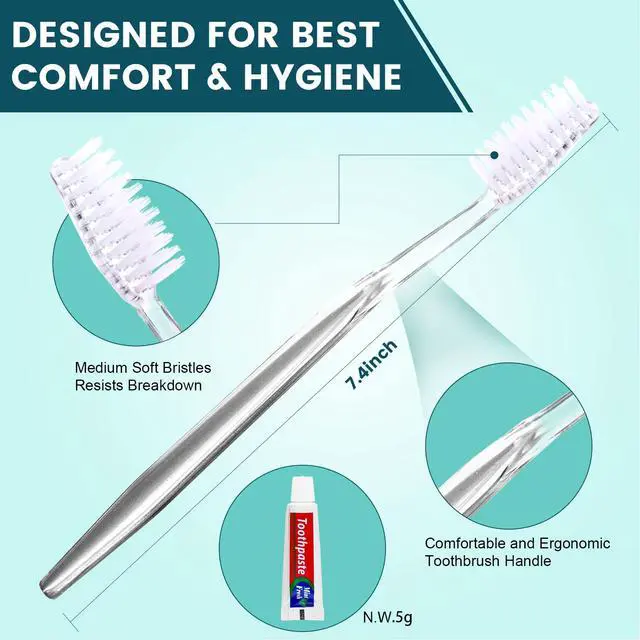 Alt view image 3 of 7 - 100 PCS Disposable Toothbrush with Toothpaste Bulk, Travel Toothbrush Set | Travel Toothbrushes with Toothpaste, Medium Soft Bristle, Ergonomics Handle, Perfect for Travel Hotel Donation