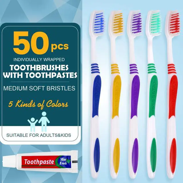 Alt view image 2 of 7 - 50 PCS Bulk Travel Toothbrush with Toothpaste, Toothpaste Bulk | Individually Wrapped Disposable Toothbrush, Ergonomics Handle, Medium Soft Bristle, Perfect for Travel, Hotel