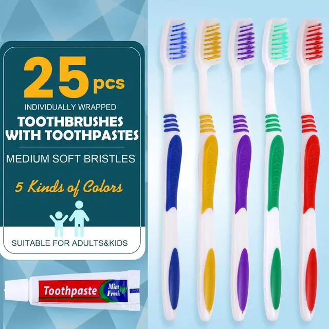 Alt view image 2 of 7 - 25 PCS Bulk Travel Toothbrush with Toothpaste, Toothpaste Bulk | Individually Wrapped Disposable Toothbrush, Ergonomics Handle, Medium Soft Bristle, Perfect for Travel, Hotel
