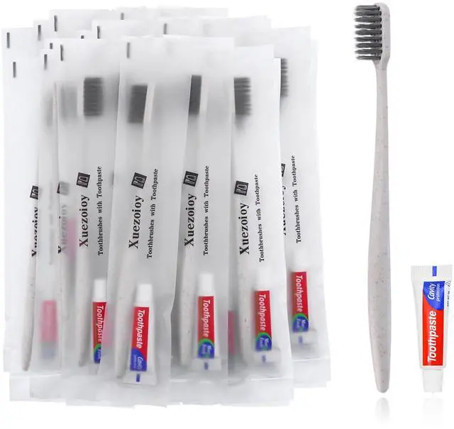 Main image of Disposable Toothbrushes with Toothpaste,60 Pack Apricot | Individually Wrapped Disposable Travel Toothbrushes Kit in Bulk for Homeless,Nursing Home,Hotel,Charity