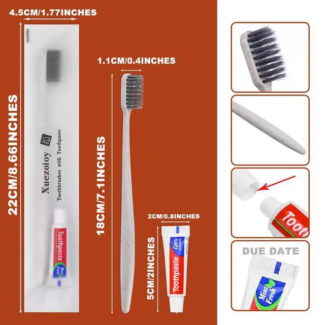 Alt view image 4 of 7 - Disposable Toothbrushes with Toothpaste,60 Pack Apricot | Individually Wrapped Disposable Travel Toothbrushes Kit in Bulk for Homeless,Nursing Home,Hotel,Charity