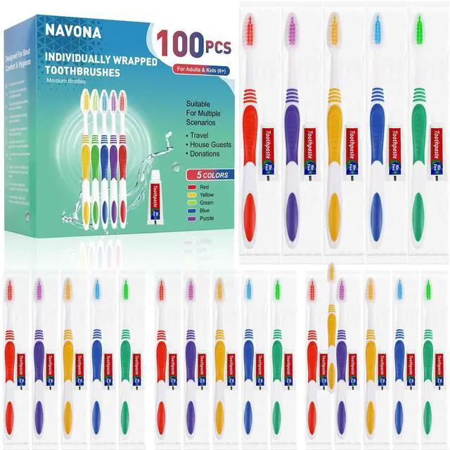 Main image of 100 PCS Disposable Toothbrush with Toothpaste Bulk, Travel Toothbrush Set | Travel Toothbrushes with Toothpaste, Medium Soft Bristle, Ergonomics Handle, Perfect for Travel Hotel Donation