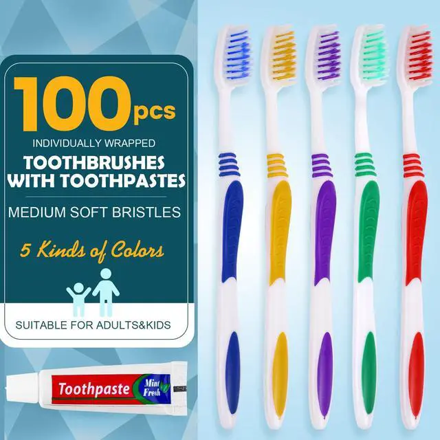 Alt view image 2 of 7 - 100 PCS Disposable Toothbrush with Toothpaste Bulk, Travel Toothbrush Set | Travel Toothbrushes with Toothpaste, Medium Soft Bristle, Ergonomics Handle, Perfect for Travel Hotel Donation