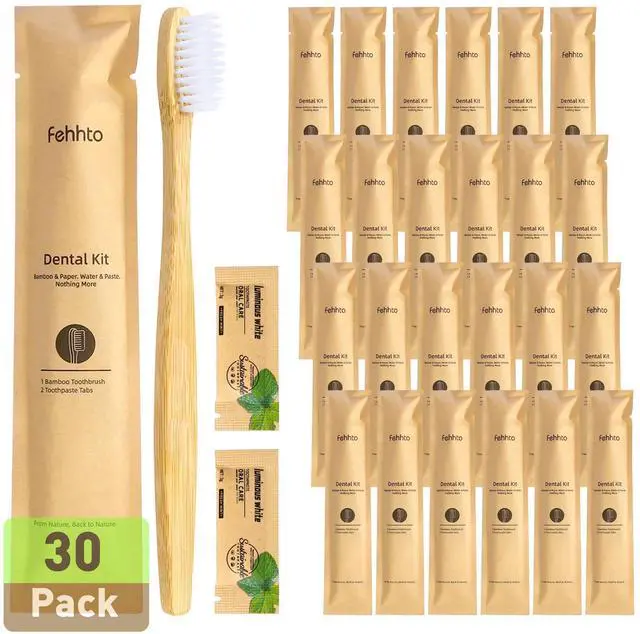 Main image of 30 Pack Bamboo Toothbrushes Kit, Disposable Travel Toothbrushes with Toothpaste (6g), Individually Wrapped Guest Dental Kit for Hotel Amenities, Airbnb Hosts, Travel & Camping