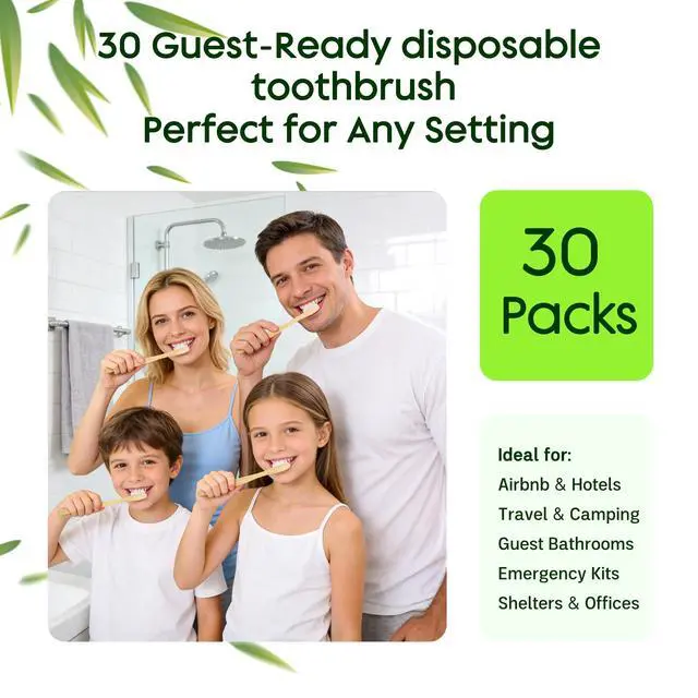 Alt view image 6 of 7 - 30 Pack Bamboo Toothbrushes Kit, Disposable Travel Toothbrushes with Toothpaste (6g), Individually Wrapped Guest Dental Kit for Hotel Amenities, Airbnb Hosts, Travel & Camping