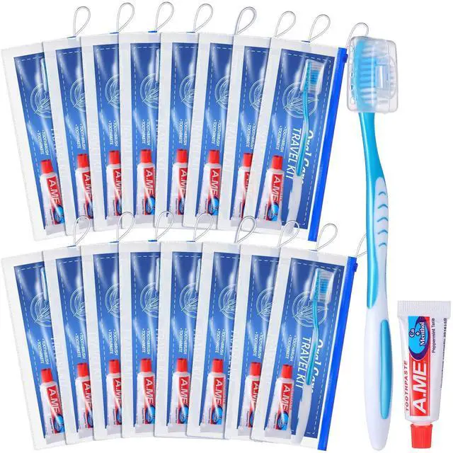 Main image of 30 Set Travel Toothbrush Kit with Toothpaste, Cover, Resealable | Bulk travel kit, soft bristles, toothbrush cover included, resealable portable bag, reusable for guests homeless