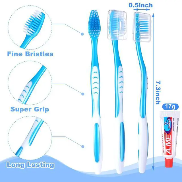 Alt view image 2 of 6 - 30 Set Travel Toothbrush Kit with Toothpaste, Cover, Resealable | Bulk travel kit, soft bristles, toothbrush cover included, resealable portable bag, reusable for guests homeless