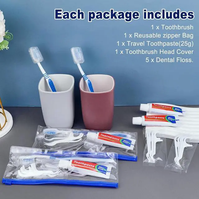 Alt view image 2 of 7 - 30 Disposable Toothbrushes with Toothpaste Set, Travel Kit Plastic Zip Bag,Toothbrush Head Cover, Bulk Toothbrush for Homeless,Travel,Hotel,Guest