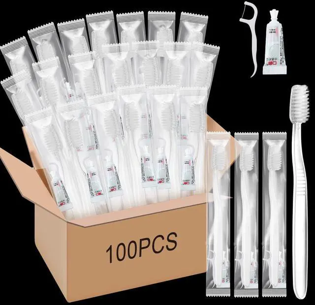 Main image of 100 Sets Travel Kit Toothbrush with Toothpaste and Dental Floss Travel Toothbrush Set Individually Wrapped Toothpaste Bulk Homeless Care Package Supply for Homeless Hotel Shelter Charity