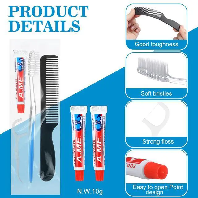Alt view image 3 of 7 - 50 Sets Disposable Toothbrush Floss Comb Kits Individually Wrapped | Includes Toothpaste Floss Comb, for Travel Hotel Shelter Nursing Home Charity, Portable Hygiene Care Package Essentials Bulk