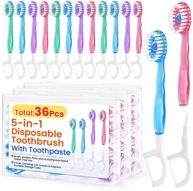 Main image of 36 Pack 5-in-1 Mini Disposable Toothbrush, WaterlessToothbrushes (Mint) | Disposable Toothbrushes with Toothpaste, Floss, Tongue Scraper & Toothpick, Ideal for Travel, Work, Hotel