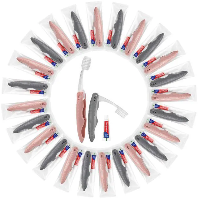 Main image of Travel Toothbrush and Toothpaste, Individually Packaged (50-Pack) | Travel Toothbrush Set, Foldable For Easy Storage, Available In Gray And Pink, Ideal For Travel, Hotels, And Camping