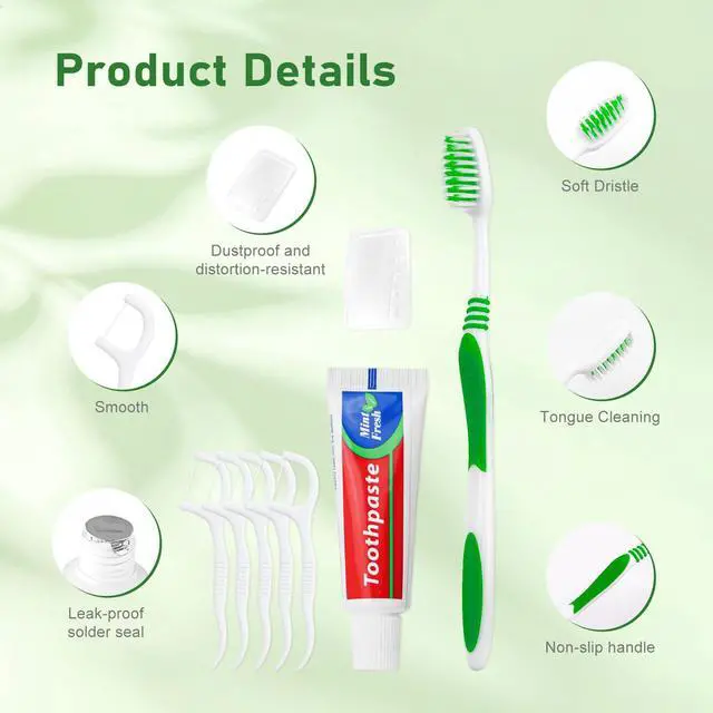 Alt view image 3 of 6 - Individually Wrapped Travel Toothbrush Set Disposable Green (10-PACK) | Toothbrushes with Toothpaste 25g Toothbrush Cover Floss Pick 36ml Mouthwash Plastic Zip Bag for Hotel Airbnb Shelter Charity