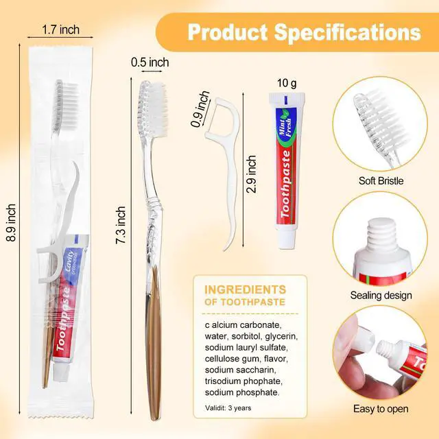 Alt view image 2 of 7 - 10pcs Disposable Toothbrushes with Toothpaste Floss Individually Wrapped, Disposable Toothbrush Bulk, 10g Toothpaste, Dental Floss Pick, Bulk Toothbrush Kit for Homeless,Airbnb,Hotel,Guest