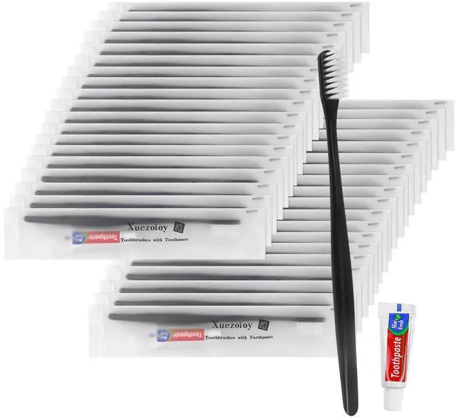 Main image of Disposable Toothbrushes with Toothpaste Pack of 50,Black | Individually Wrapped Disposable Travel Toothbrush Kit in Bulk for Homeless,Nursing
