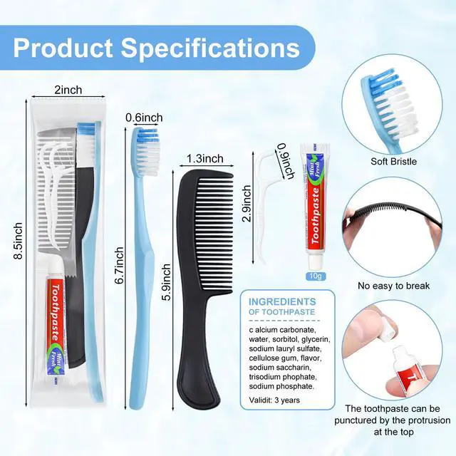 Alt view image 2 of 7 - 10 Sets Disposable Toothbrushes with Toothpaste Floss Comb Individually Wrapped, Disposable Toothbrush Bulk, 10g Toothpaste,Dental Floss,6in Comb Bulk Toothbrush Kit for Homeless,Airbnb,Hotel
