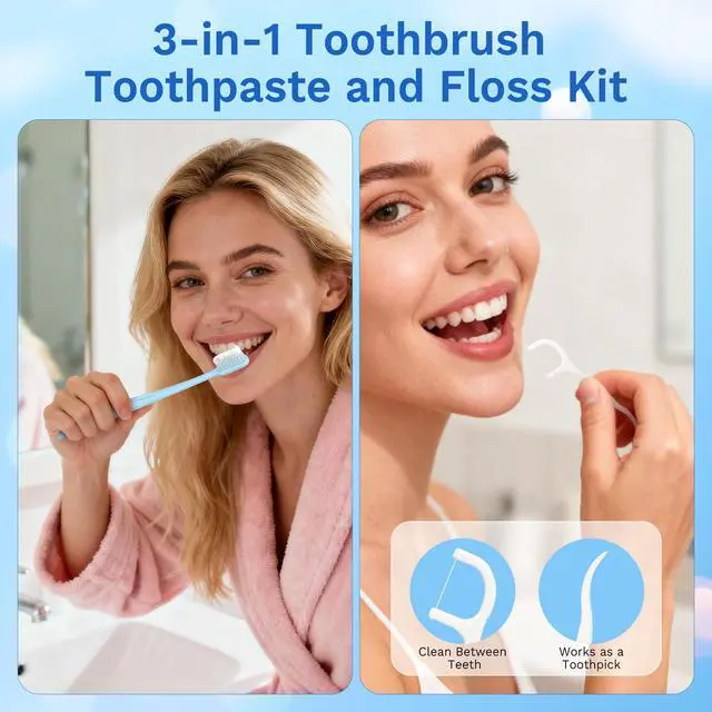 Alt view image 4 of 7 - Disposable Toothbrushes with Toothpaste, Light Blue (50-Pack) | Travel Toothbrush Kit, Individually Packaged, With Floss Picks, Suitable For Hotel, Home, Camping, Travel