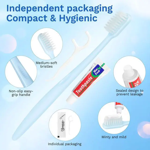 Alt view image 3 of 7 - Disposable Toothbrushes with Toothpaste, Light Blue (50-Pack) | Travel Toothbrush Kit, Individually Packaged, With Floss Picks, Suitable For Hotel, Home, Camping, Travel