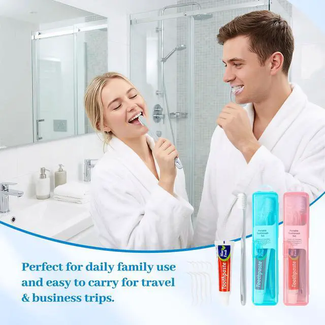 Alt view image 2 of 7 - Travel Toothbrush Kit Includes Travel-Sized Toothbrushes, 25g Travel Toothpaste, 5 Floss Picks, a Travel Toothbrush Holder, Ideal for Home, Hotels (Blue, Pink, 10-Pack)