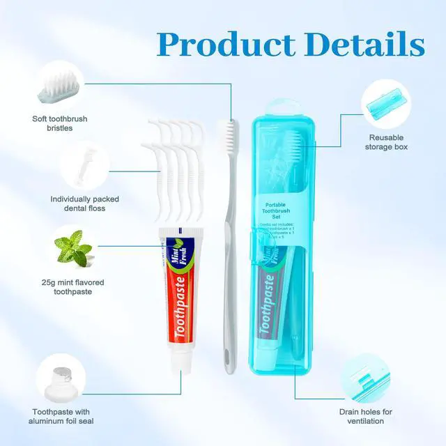 Alt view image 3 of 7 - Travel Toothbrush Kit Includes Travel-Sized Toothbrushes, 25g Travel Toothpaste, 5 Floss Picks, a Travel Toothbrush Holder, Ideal for Home, Hotels (Blue, Pink, 10-Pack)