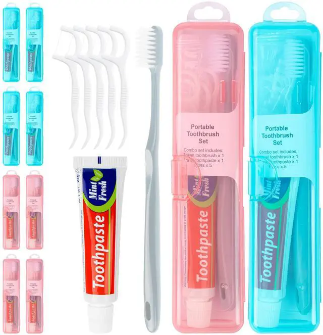 Main image of Travel Toothbrush Kit Includes Travel-Sized Toothbrushes, 25g Travel Toothpaste, 5 Floss Picks, a Travel Toothbrush Holder, Ideal for Home, Hotels (Blue, Pink, 10-Pack)