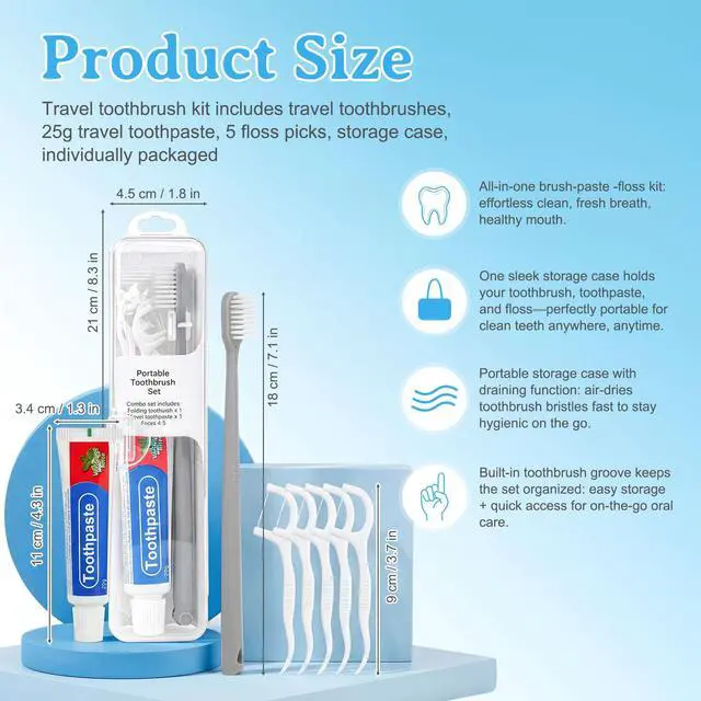 Alt view image 7 of 7 - Travel Toothbrush Kit, with Travel Toothbrush Holder (4-Pack) | Includes Travel Toothbrushes, 25g Travel Toothpaste, 5 Floss Picks, Individually Packaged, for Home, Travel, and Hotel Use
