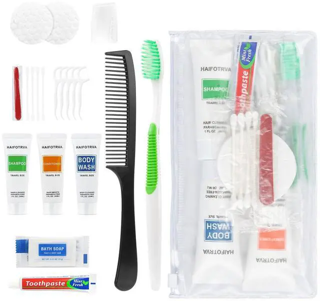 Main image of 5 Sets Travel Toiletries Kit Bulk, 9-in-1 Disposable Personal Hygiene Kit with Toothbrush,Toothpaste,Floss,Shampoo,Shower Gel,Conditioner,Soap,Comb, and Vanity Kit for Hotel Guest Donations Supplies