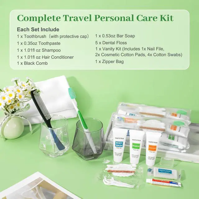 Alt view image 3 of 7 - 5 Sets Travel Toiletries Kit Bulk, 9-in-1 Disposable Personal Hygiene Kit with Toothbrush,Toothpaste,Floss,Shampoo,Shower Gel,Conditioner,Soap,Comb, and Vanity Kit for Hotel Guest Donations Supplies
