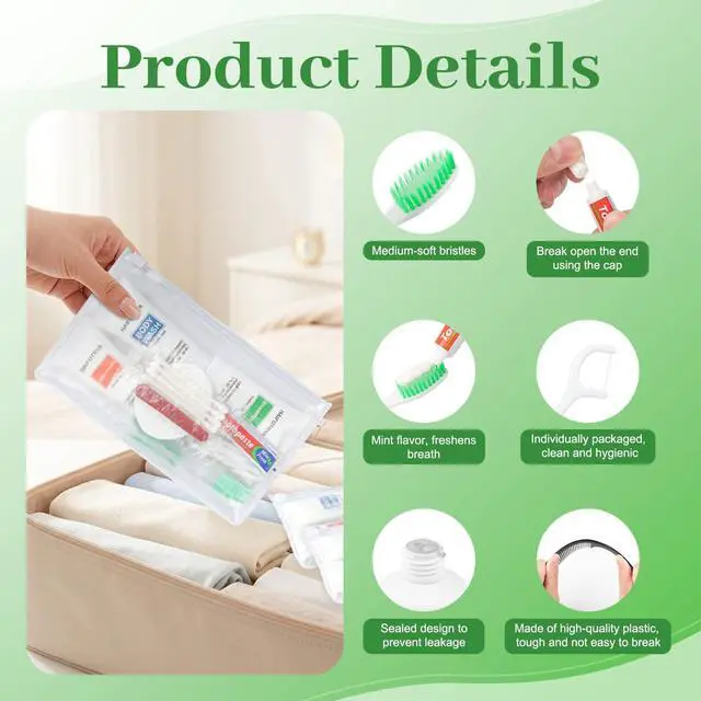 Alt view image 4 of 7 - 5 Sets Travel Toiletries Kit Bulk, 9-in-1 Disposable Personal Hygiene Kit with Toothbrush,Toothpaste,Floss,Shampoo,Shower Gel,Conditioner,Soap,Comb, and Vanity Kit for Hotel Guest Donations Supplies