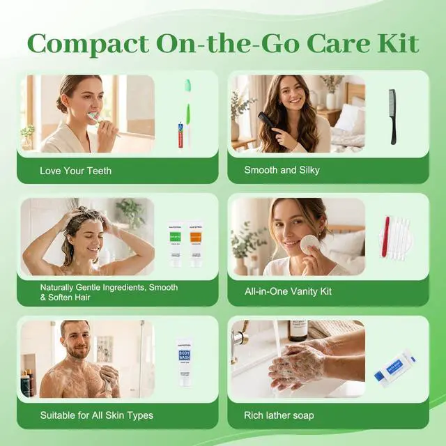 Alt view image 5 of 7 - 5 Sets Travel Toiletries Kit Bulk, 9-in-1 Disposable Personal Hygiene Kit with Toothbrush,Toothpaste,Floss,Shampoo,Shower Gel,Conditioner,Soap,Comb, and Vanity Kit for Hotel Guest Donations Supplies