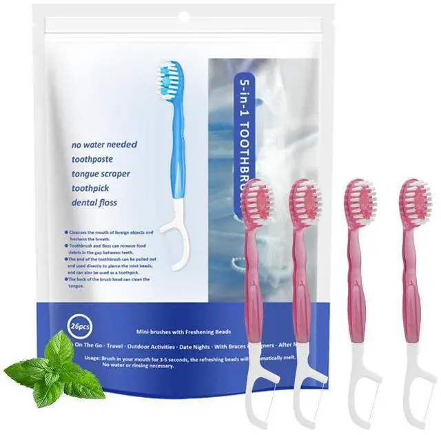 Main image of 5 in 1 Mini Brushes-Disposable Toothbrushes with Toothpaste + Floss + Pick + Tongue Scraper | Travel Size | Individually Wrapped | Soft | Mint | Travel Set (Peach, 26 pcs)