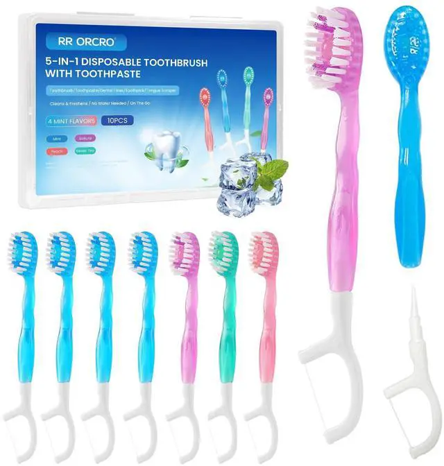 Main image of 10Pack Disposable Toothbrushes with Toothpaste Pick Floss & Tongue Scraper | 5-in-1 Mini Prepasted Travel Toothbrush for Hotel Camping Flight Car Single Use Portable Individually Wrapped | 4 Flavors