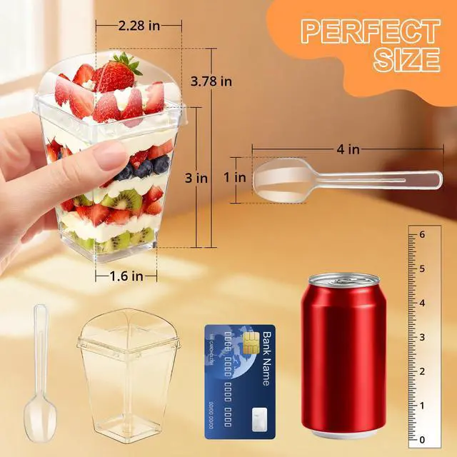 Alt view image 2 of 7 - 5oz Plastic Dessert Cups with Lids and Spoons, Clear, 20 Pack | Small Yogurt Parfait Cups with Lids, Mini Dessert Shooter Cups, Square Party Appetizer Cups, Fruit, Pudding, Trifle Ice Cream